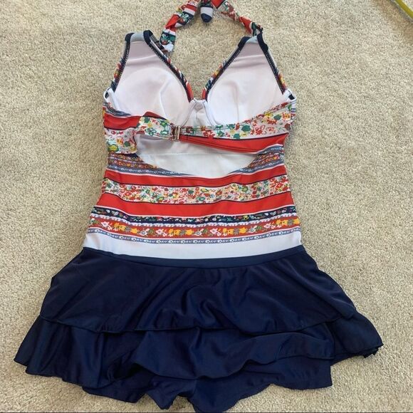 Red navy retro pinup vintage one piece swimsuit - Picture 2 of 5